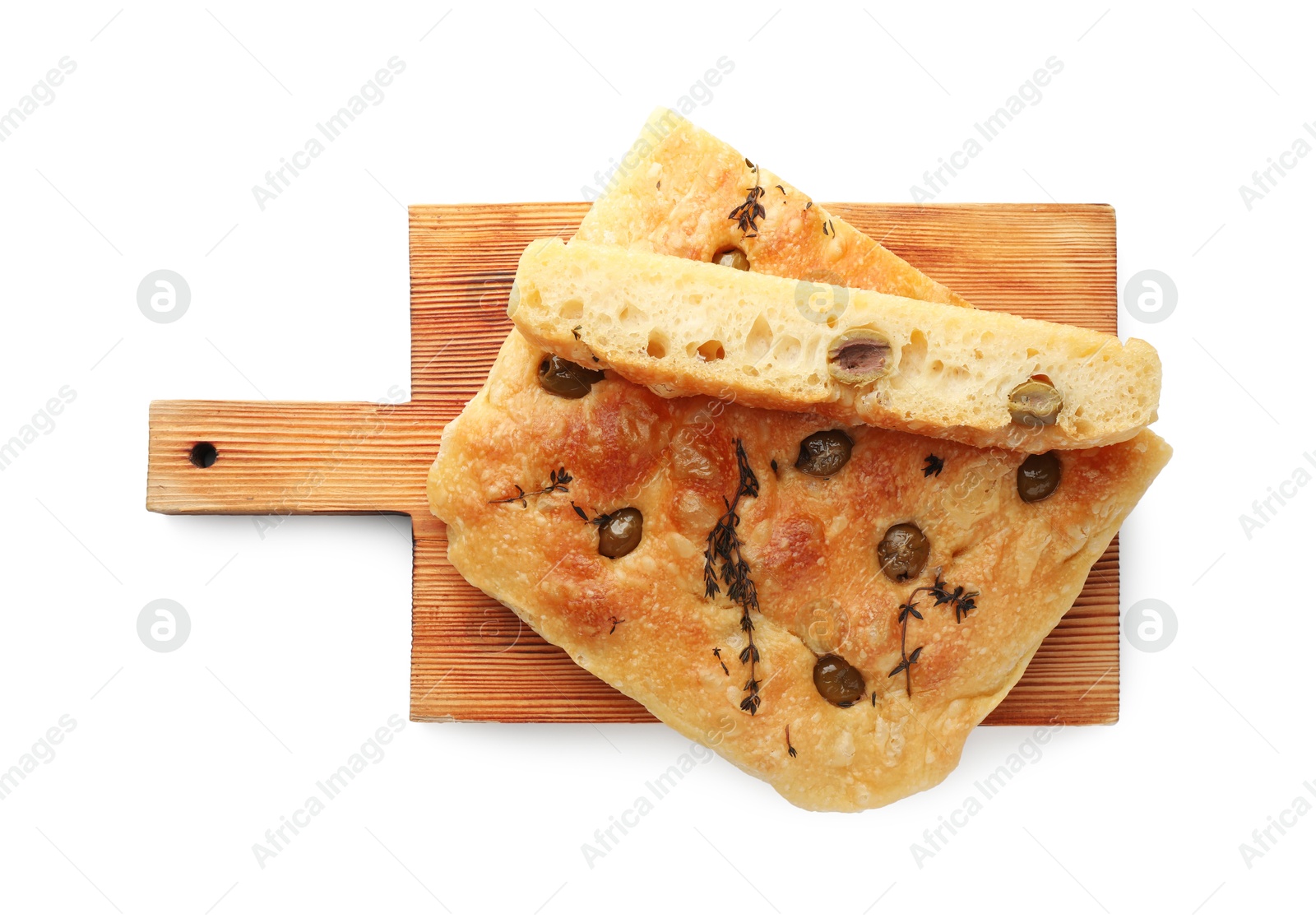 Photo of Pieces of delicious focaccia bread with olives and thyme isolated on white, top view