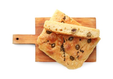 Photo of Pieces of delicious focaccia bread with olives and thyme isolated on white, top view