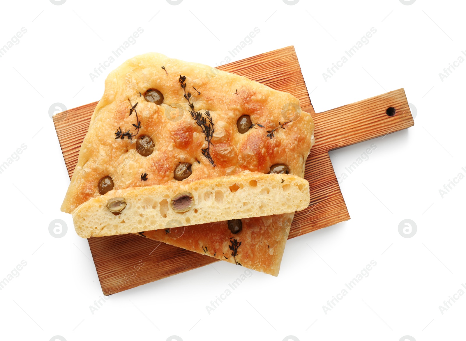 Photo of Pieces of delicious focaccia bread with olives and thyme isolated on white, top view