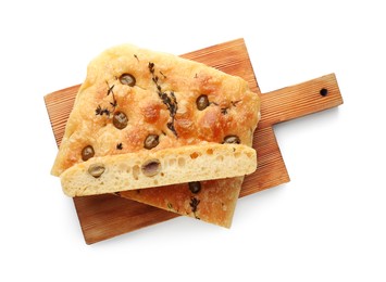 Photo of Pieces of delicious focaccia bread with olives and thyme isolated on white, top view