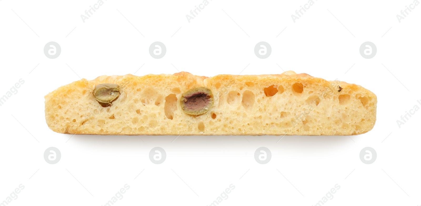 Photo of Piece of delicious focaccia bread with olives isolated on white, top view