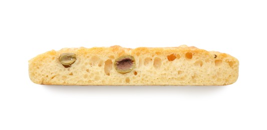 Photo of Piece of delicious focaccia bread with olives isolated on white, top view