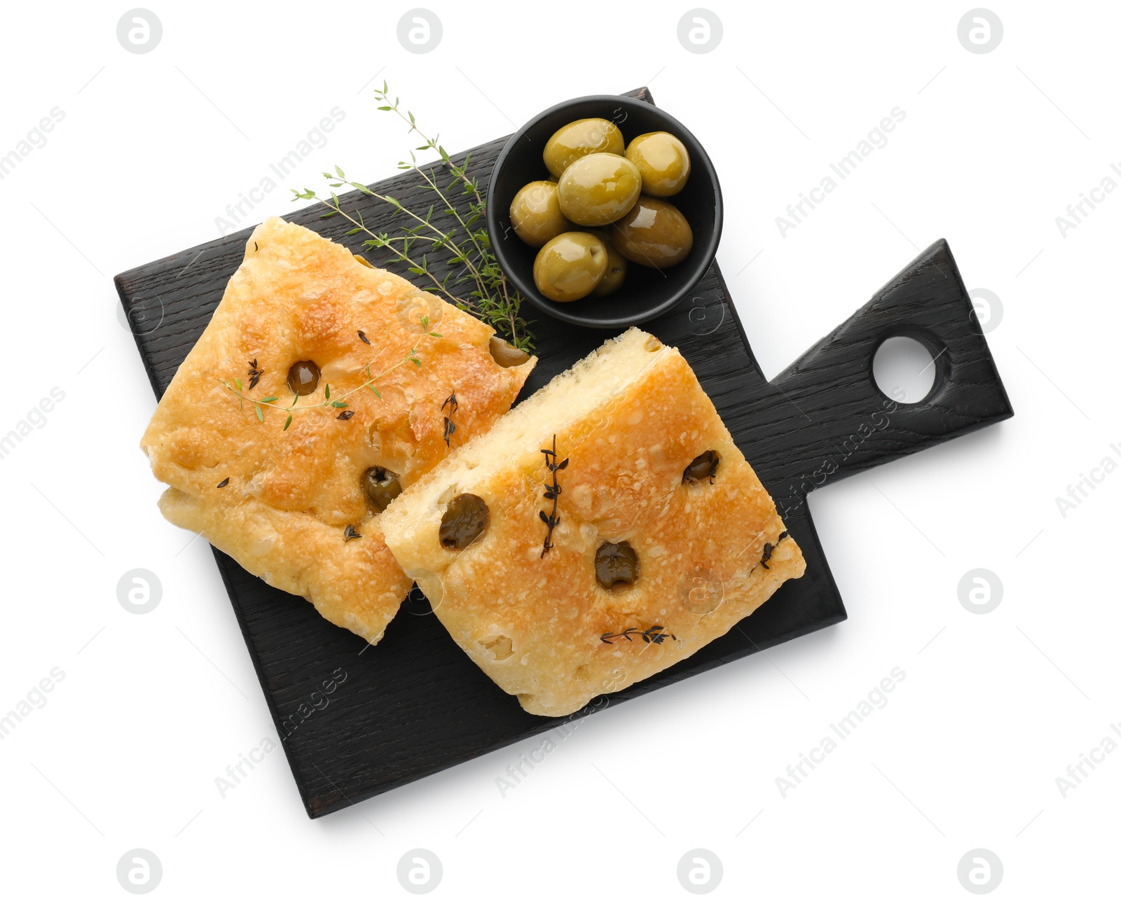 Photo of Pieces of delicious focaccia bread with olives and thyme isolated on white, top view