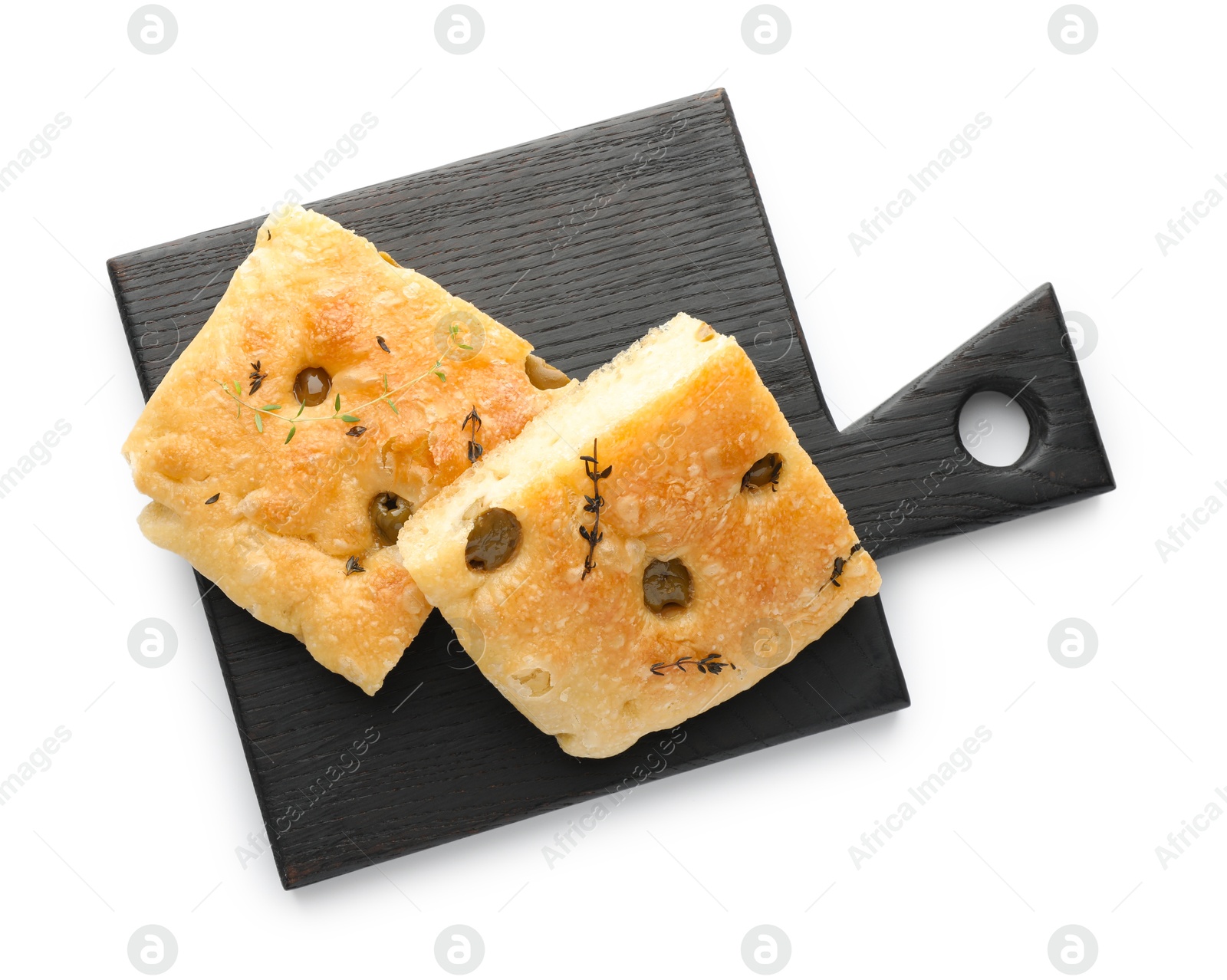 Photo of Pieces of delicious focaccia bread with olives and thyme isolated on white, top view