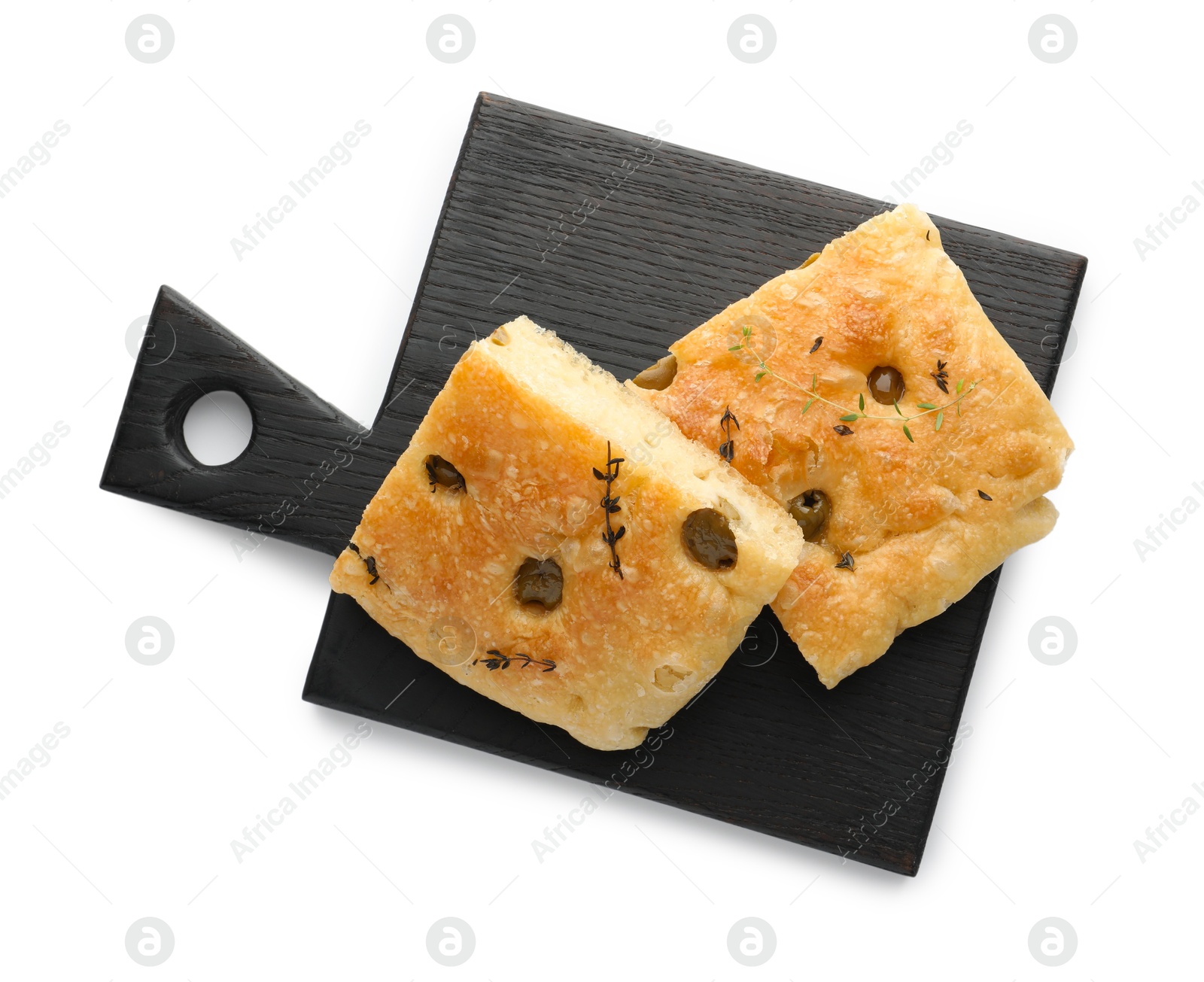 Photo of Pieces of delicious focaccia bread with olives and thyme isolated on white, top view