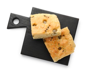 Photo of Pieces of delicious focaccia bread with olives and thyme isolated on white, top view