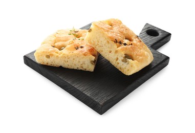 Photo of Pieces of delicious focaccia bread with olives and thyme isolated on white