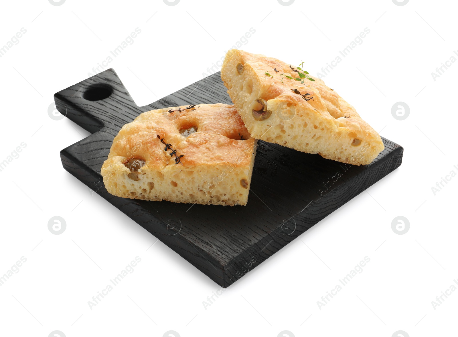 Photo of Pieces of delicious focaccia bread with olives and thyme isolated on white