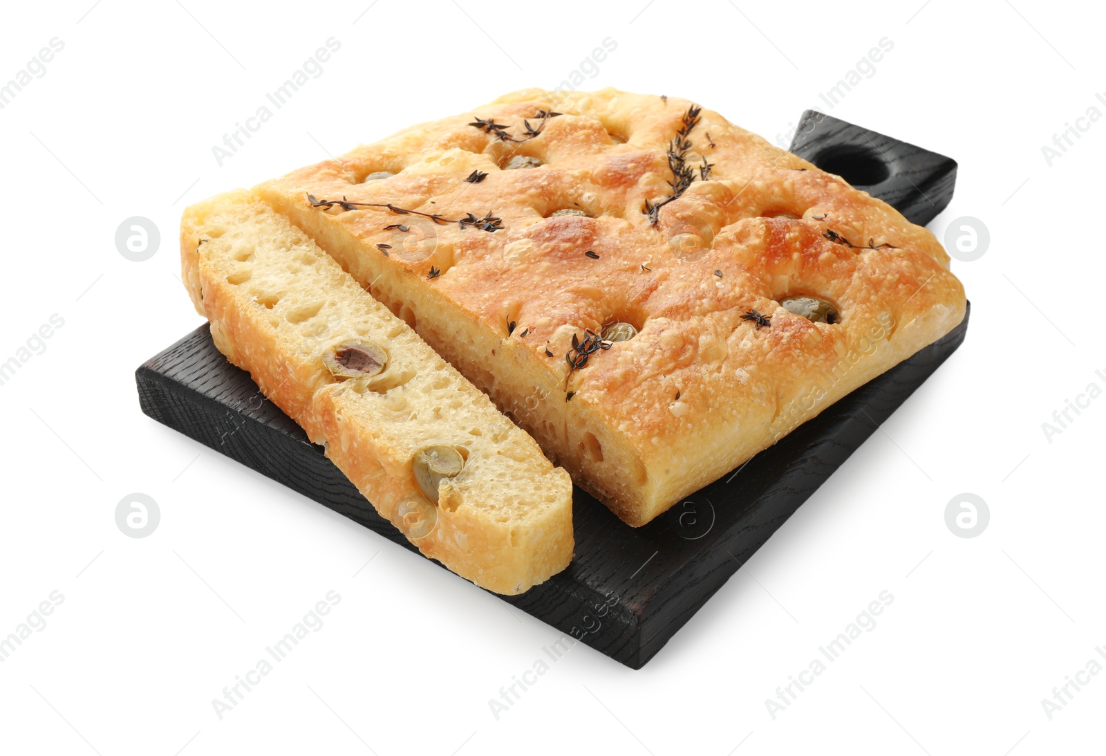 Pieces of delicious focaccia bread with olives and thyme isolated on white Photo of Pieces of delicious focaccia bread with olives and thyme isolated on white