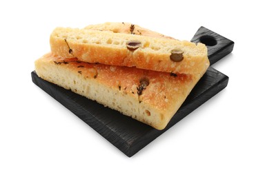 Photo of Pieces of delicious focaccia bread with olives and thyme isolated on white