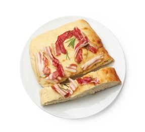 Photo of Pieces of delicious focaccia bread with bacon and rosemary isolated on white, top view