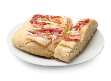 Photo of Pieces of delicious focaccia bread with bacon and rosemary isolated on white