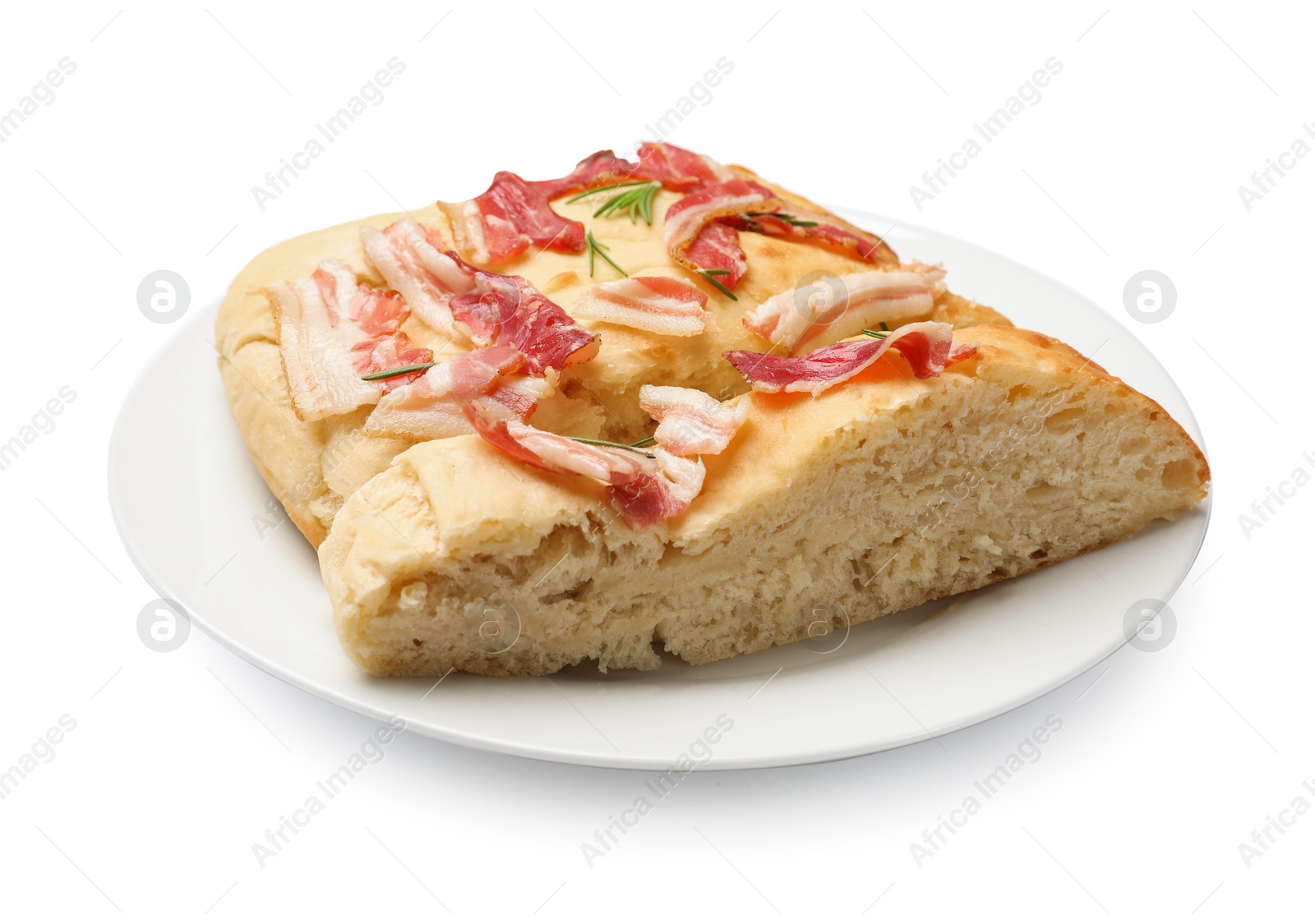 Photo of Pieces of delicious focaccia bread with bacon and rosemary isolated on white