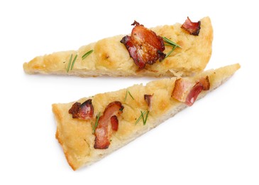 Photo of Slices of delicious focaccia bread with bacon and rosemary isolated on white, top view