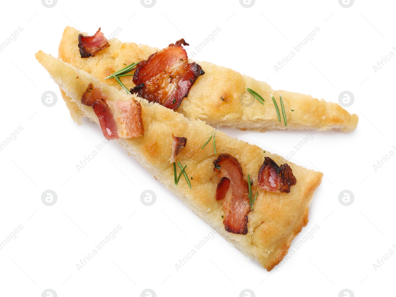 Photo of Slices of delicious focaccia bread with bacon and rosemary isolated on white, top view