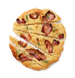 Photo of Slices of delicious focaccia bread with bacon and rosemary isolated on white, top view