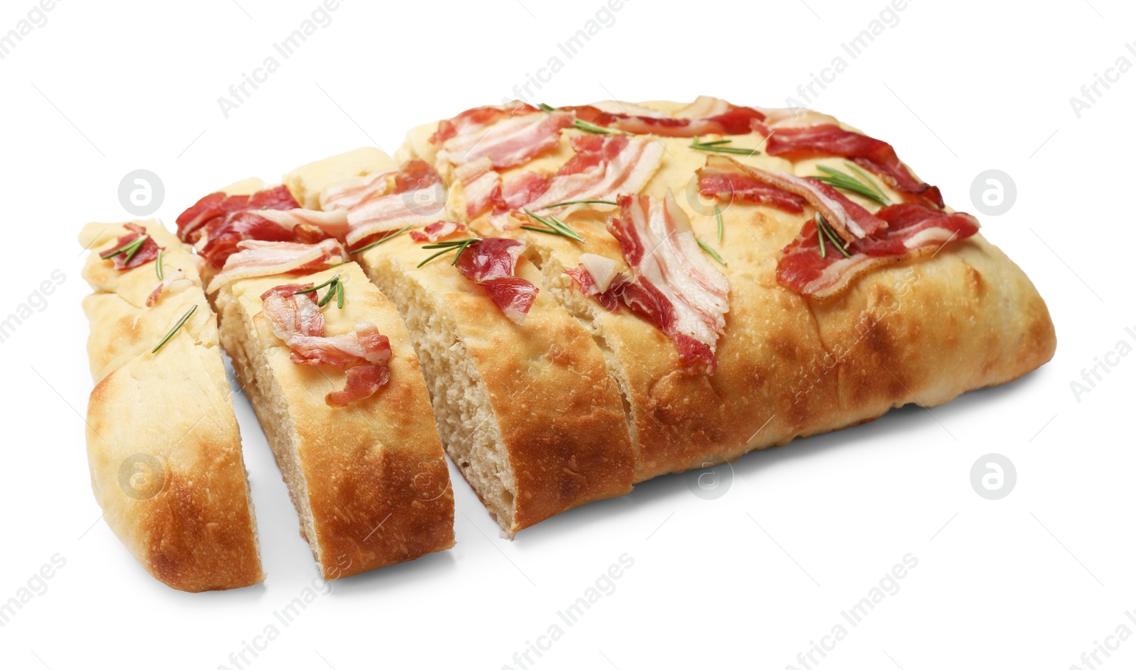 Photo of Pieces of delicious focaccia bread with bacon and rosemary isolated on white