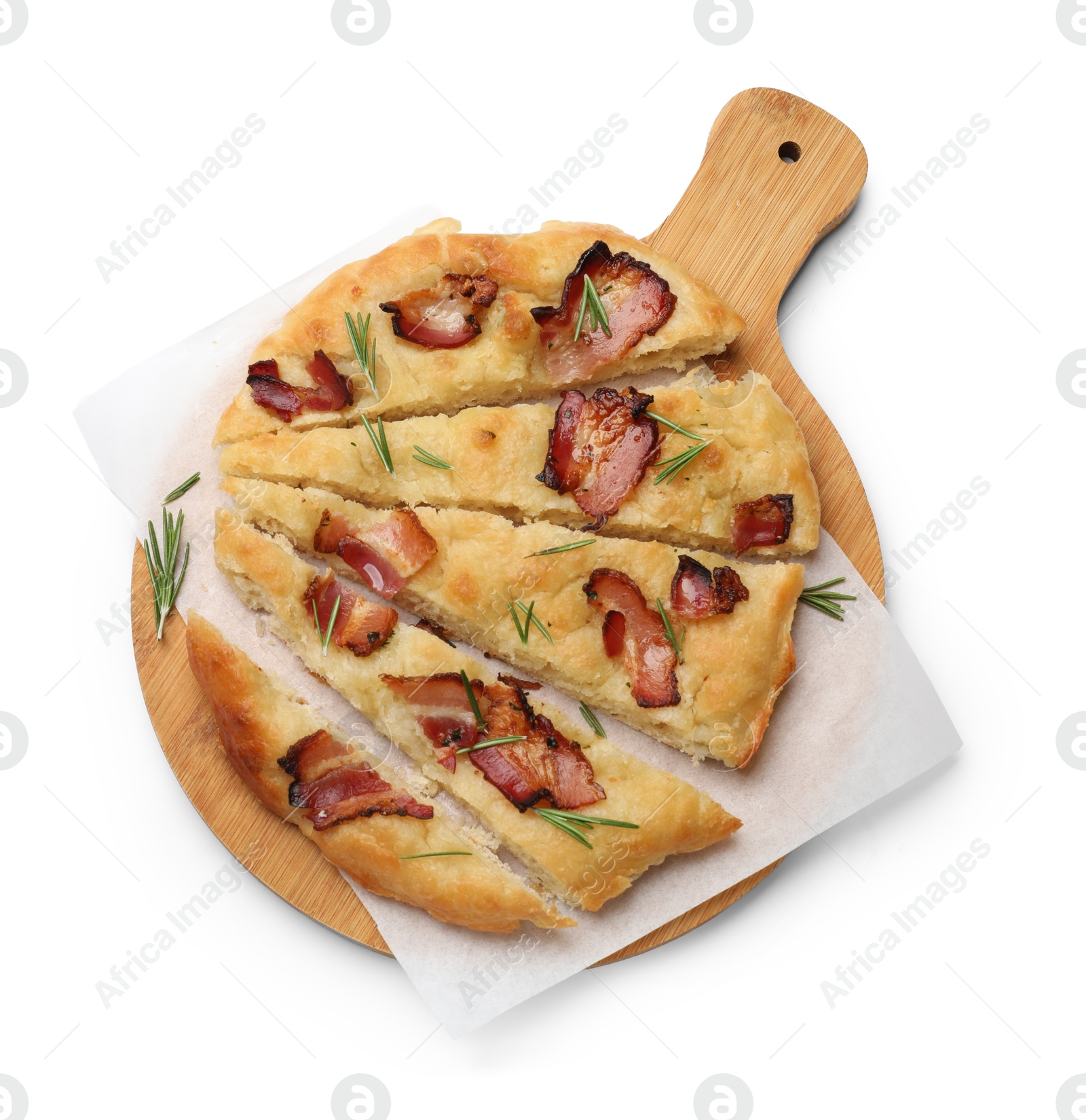 Photo of Slices of delicious focaccia bread with bacon and rosemary isolated on white, top view