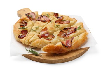 Photo of Slices of delicious focaccia bread with bacon and rosemary isolated on white