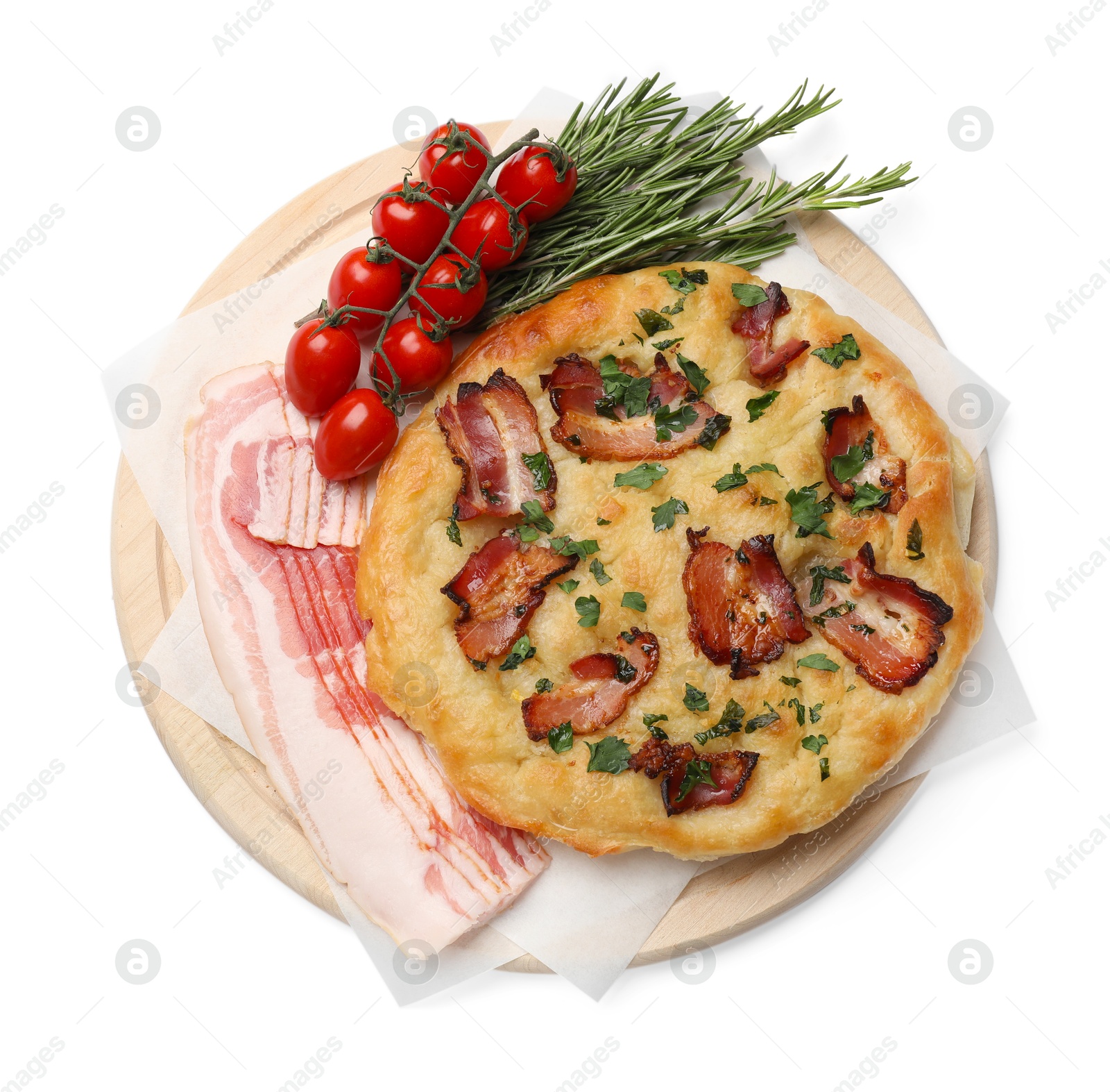 Photo of Delicious focaccia bread with bacon, parsley, tomatoes and rosemary isolated on white, top view