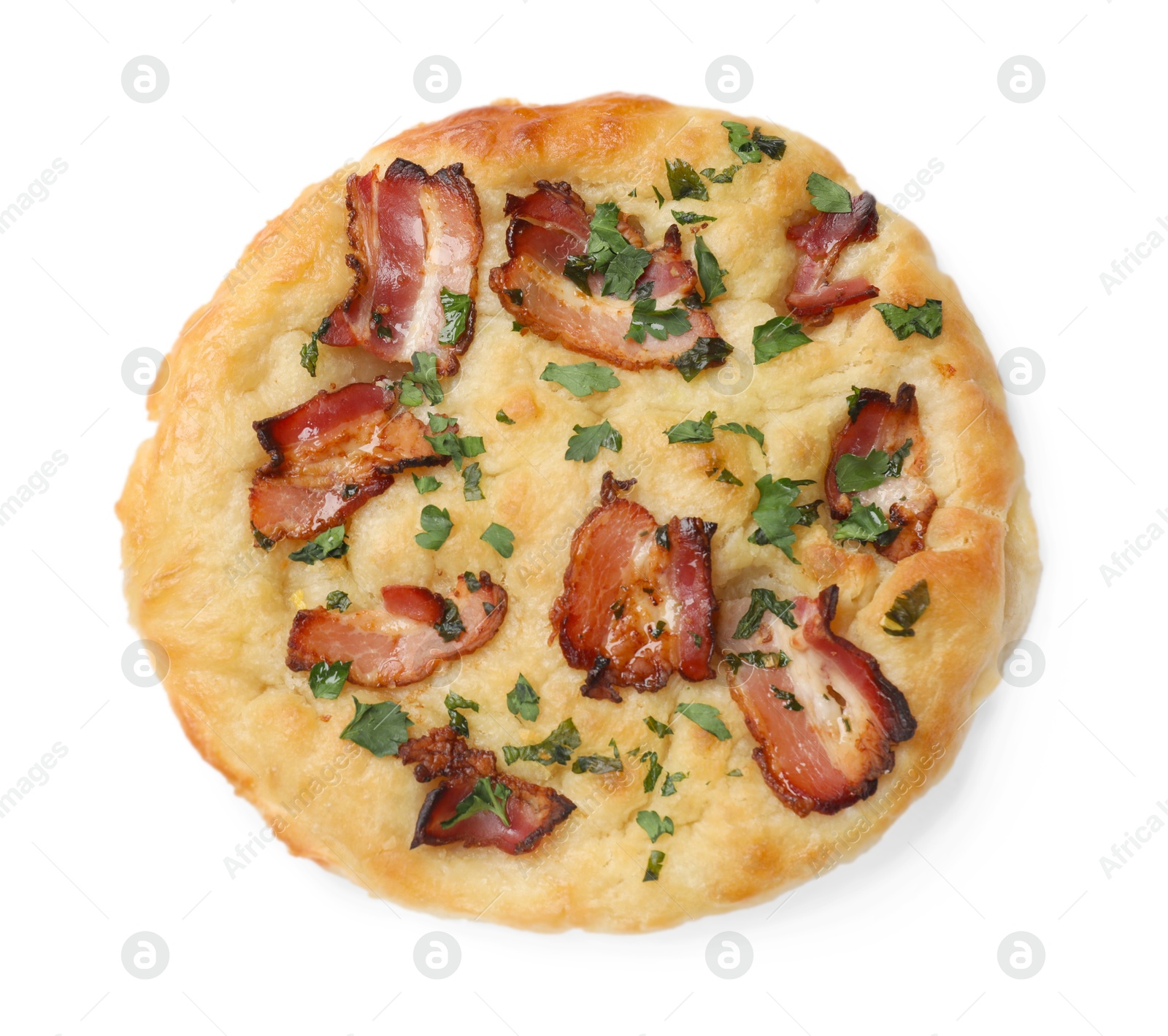 Photo of Delicious focaccia bread with bacon and parsley isolated on white, top view