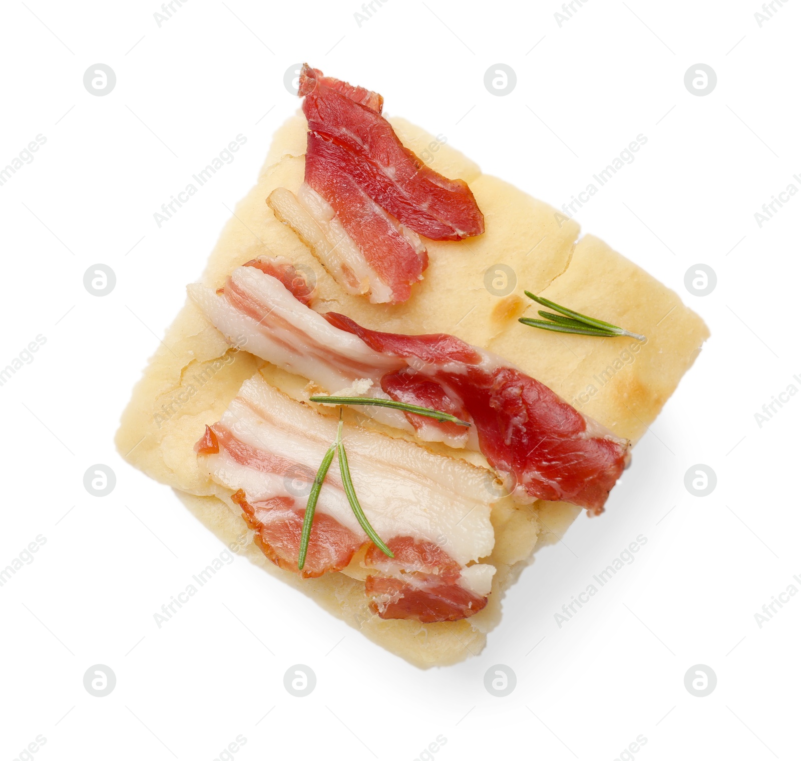 Photo of Piece of focaccia bread with bacon and rosemary isolated on white, top view