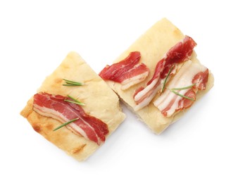 Photo of Pieces of focaccia bread with bacon and rosemary isolated on white, top view