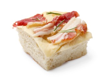 Photo of Piece of focaccia bread with bacon and rosemary isolated on white