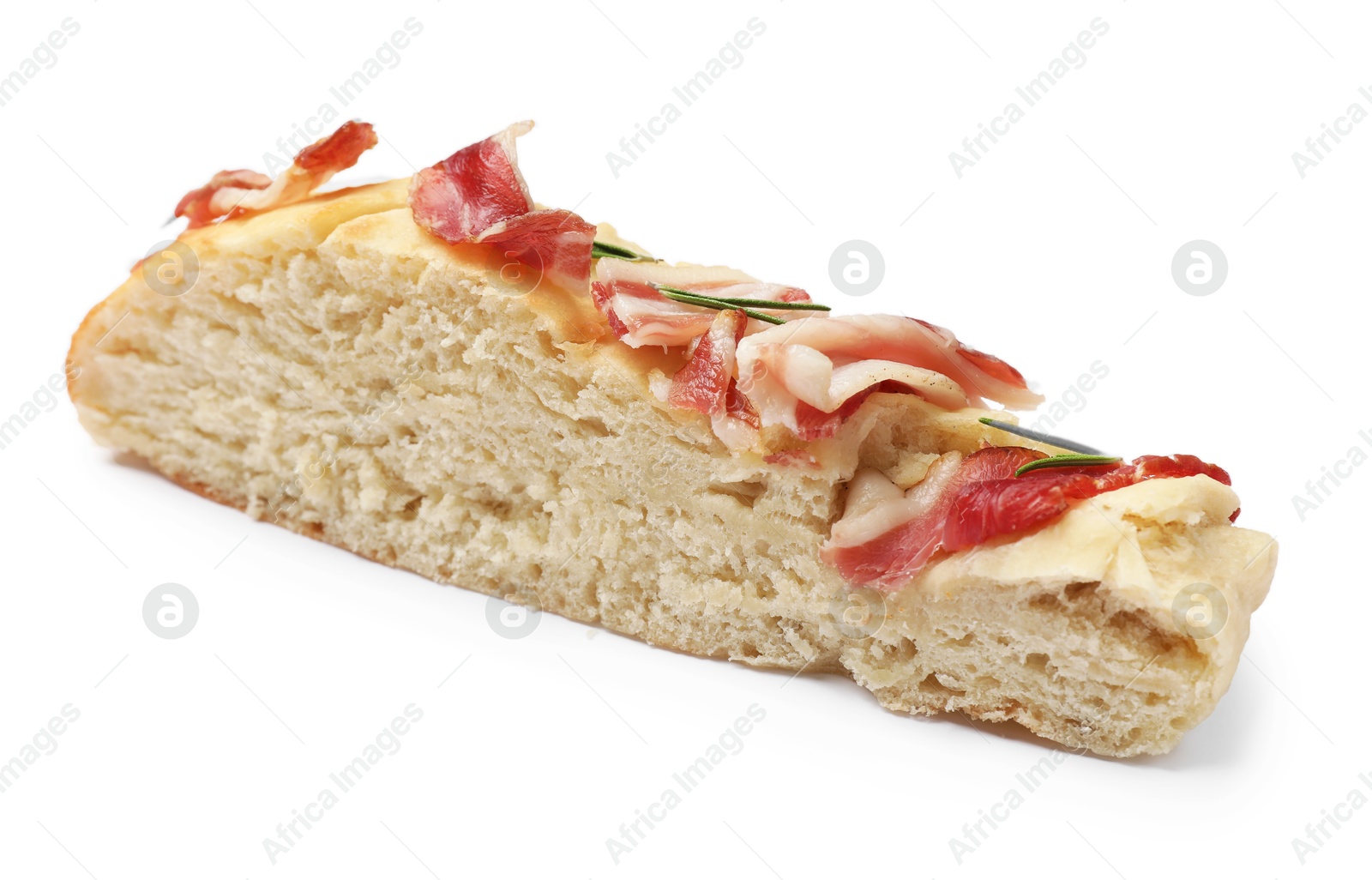 Photo of Piece of focaccia bread with bacon and rosemary isolated on white