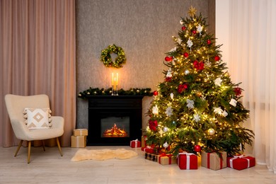 Cozy room with Christmas tree, fireplace and armchair. Interior design for holiday