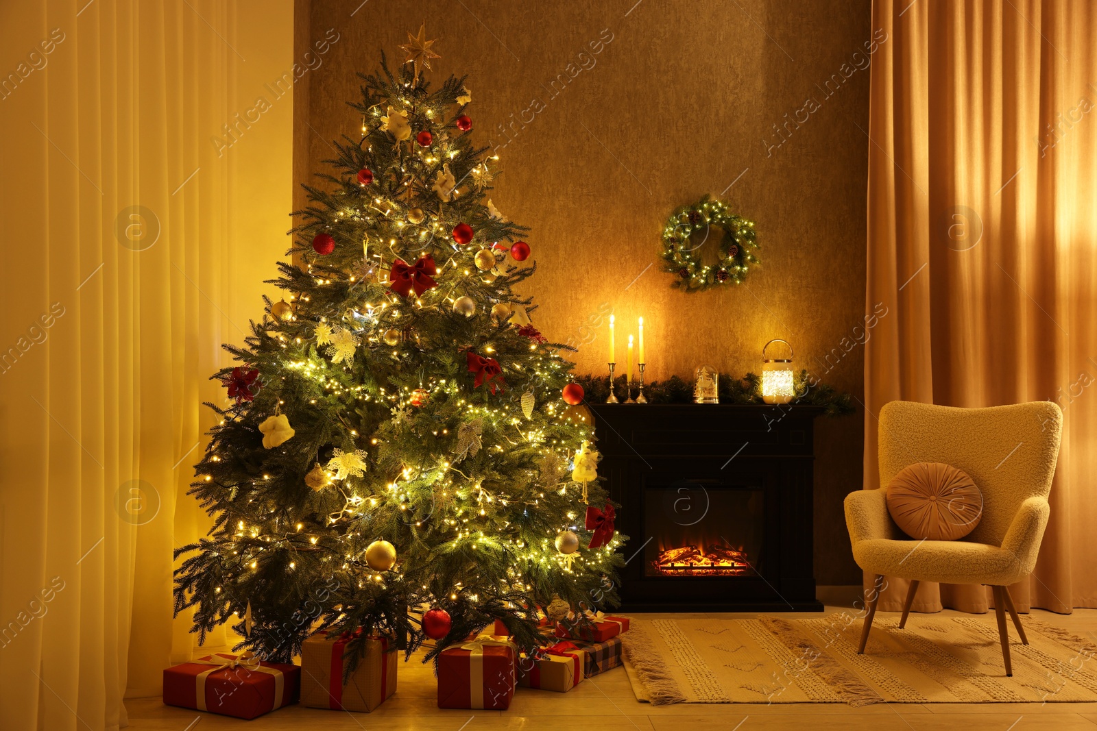 Photo of Cozy room with Christmas tree, fireplace and armchair. Interior design for holiday