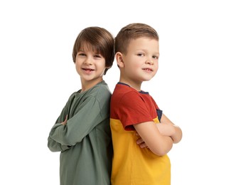 Photo of Portrait of cute brothers on white background