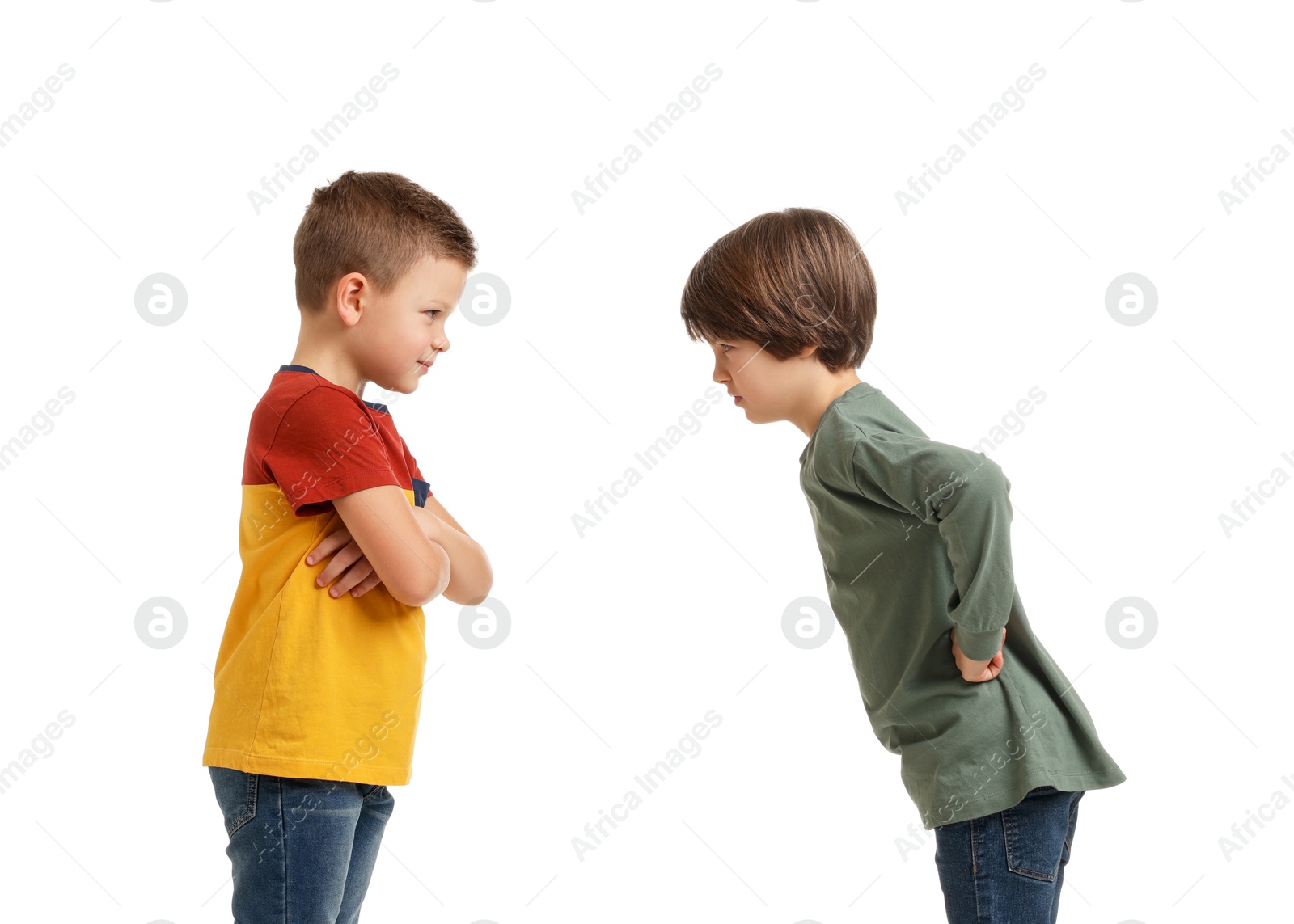 Photo of Angry brothers having argument on white background