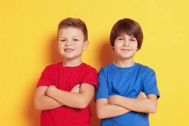 Photo of Portrait of cute brothers on orange background