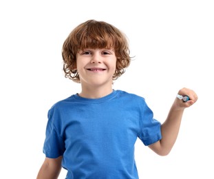 Photo of Cute boy with toothbrush on white background