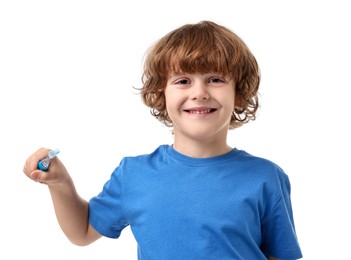 Photo of Cute boy with toothbrush on white background