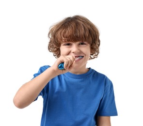 Photo of Cute boy brushing his teeth on white background