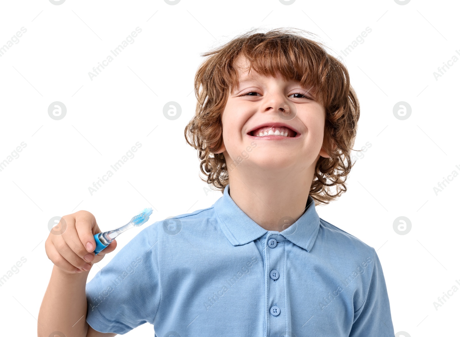 Photo of Cute boy with toothbrush on white background