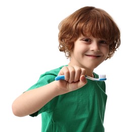 Photo of Cute boy with toothbrush on white background