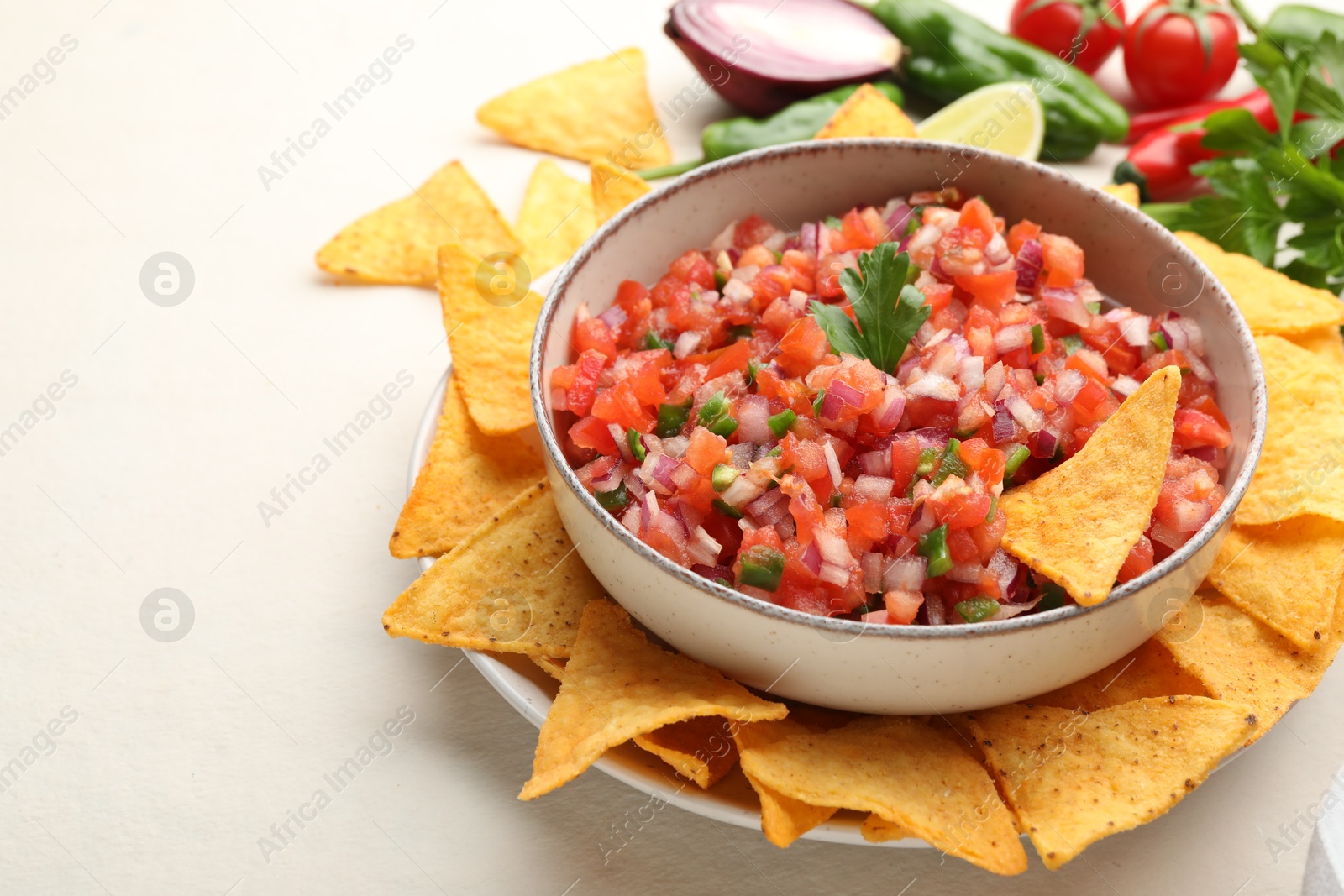 Photo of Delicious salsa in bowl, ingredients and nacho chips on light table