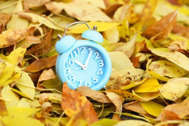 Photo of Autumn time. Alarm clock on fallen leaves, closeup