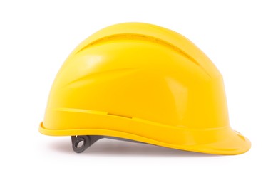 Photo of Protective hardhat isolated on white. Safety equipment