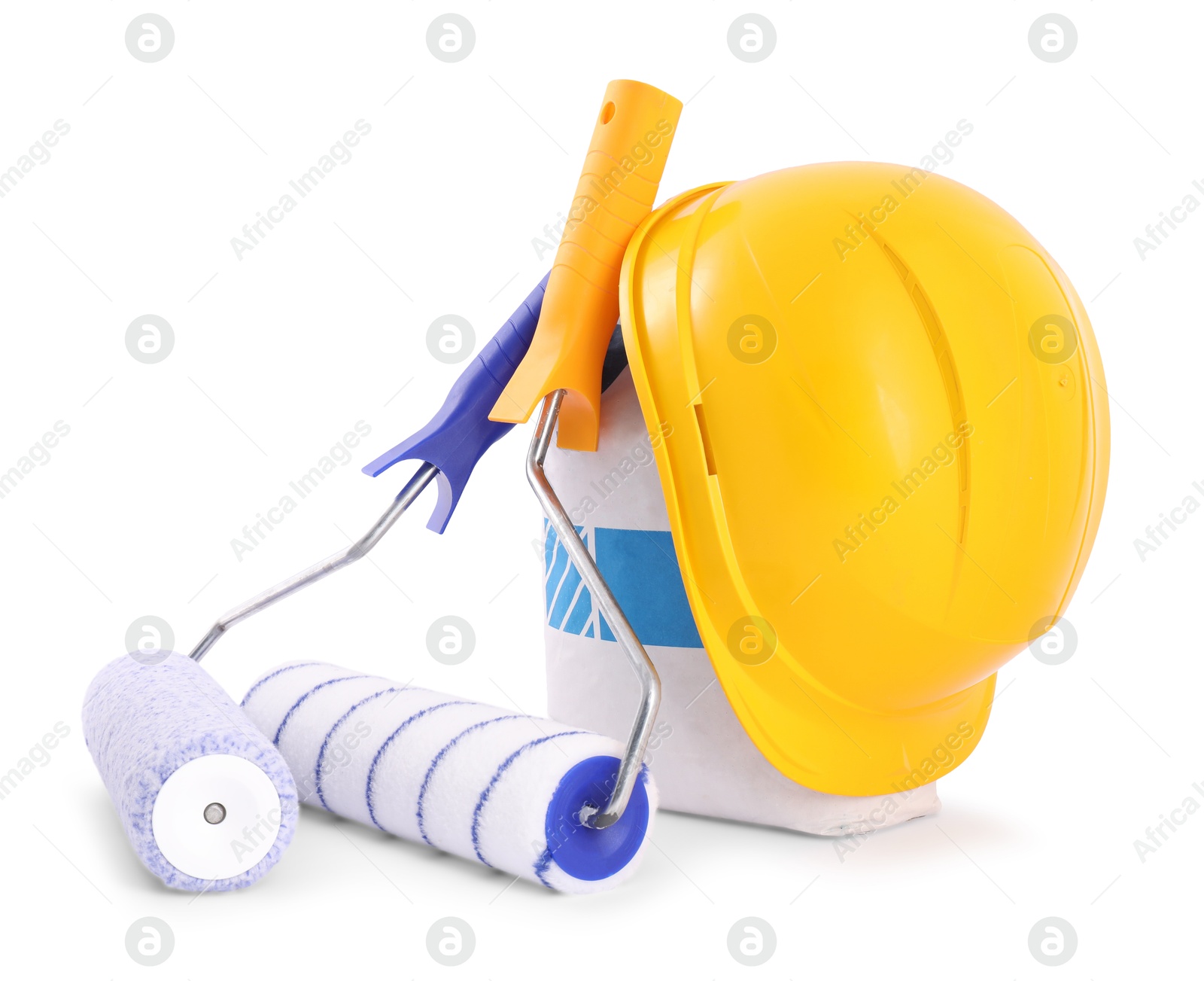 Photo of Building material, hardhat and different construction tools isolated on white