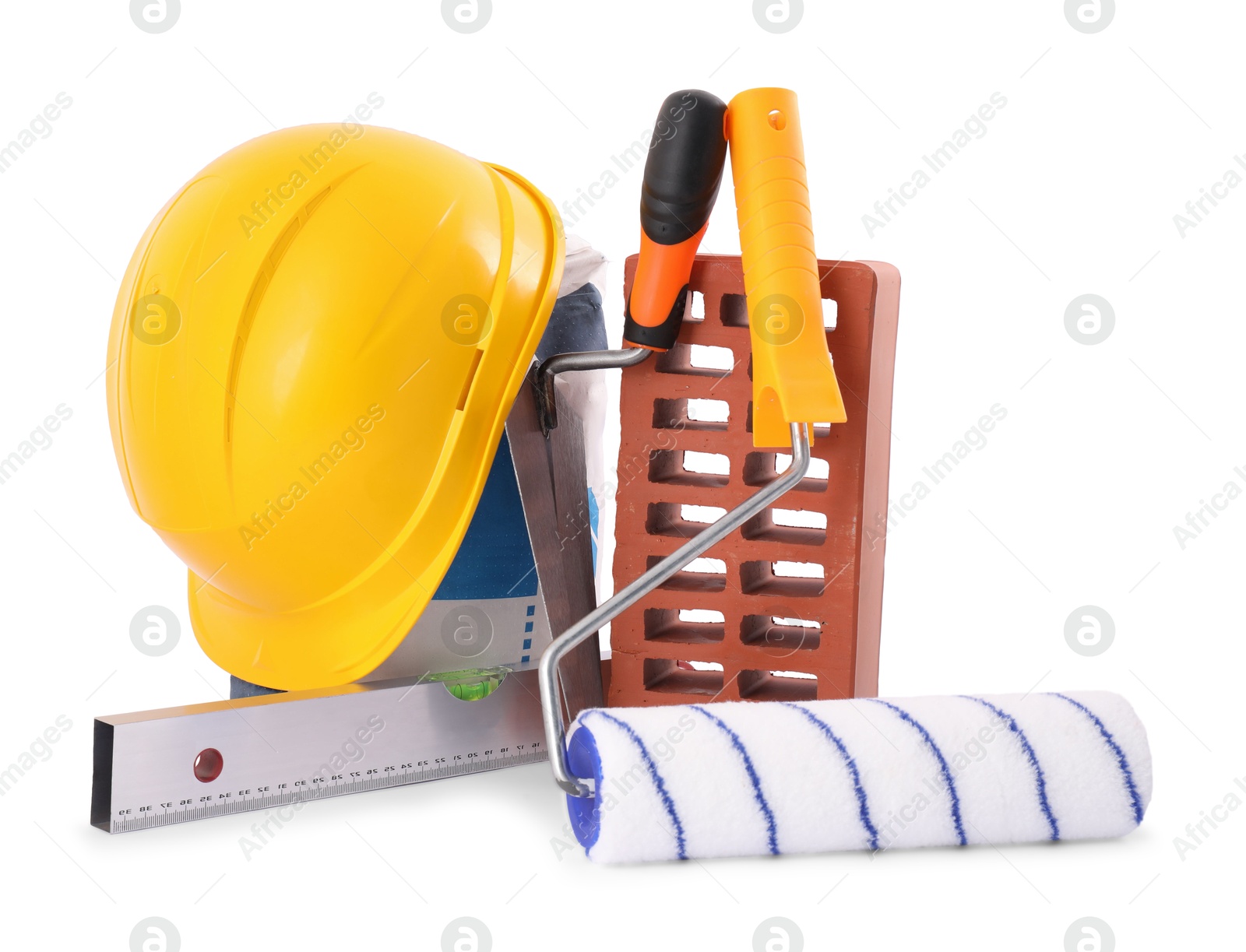 Photo of Building materials, hardhat and construction tools isolated on white