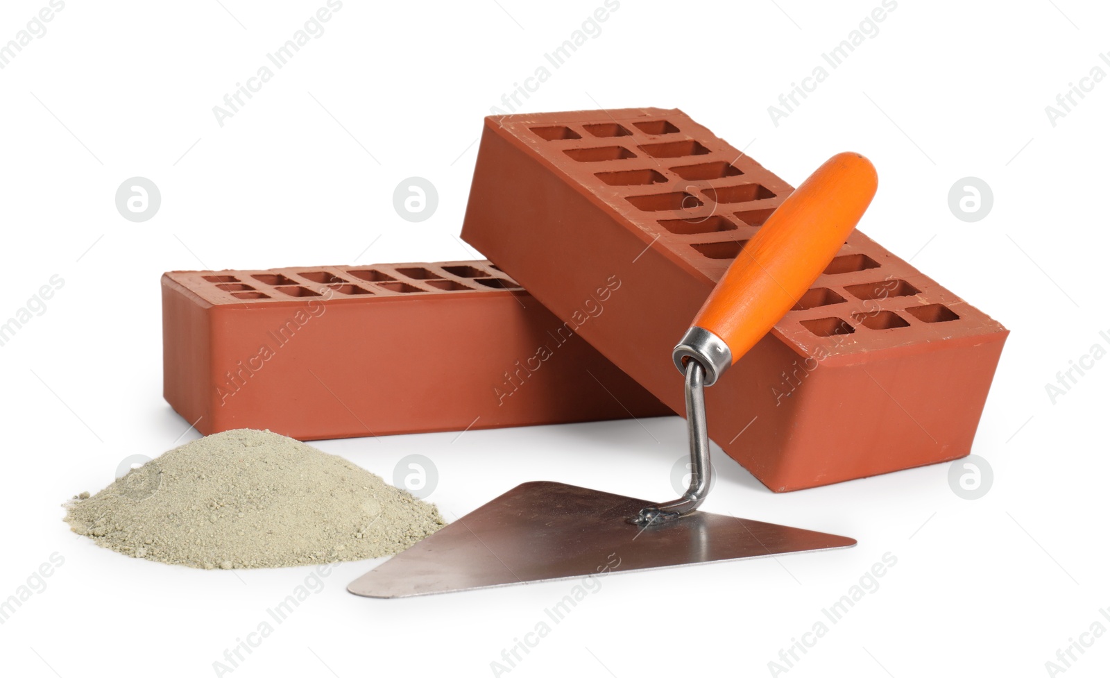 Photo of Construction materials and bucket trowel isolated on white