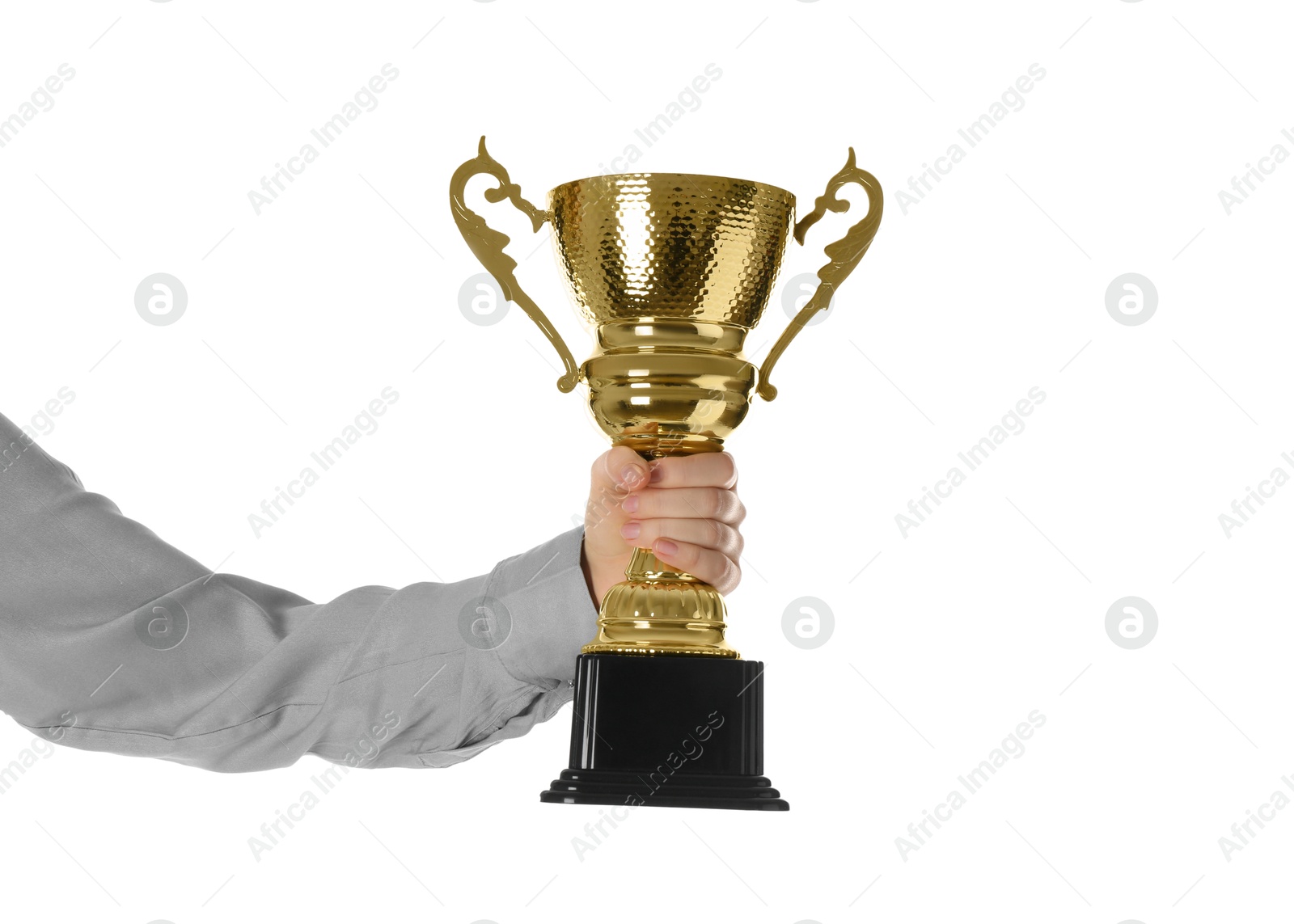 Photo of Woman with golden trophy cup on white background, closeup