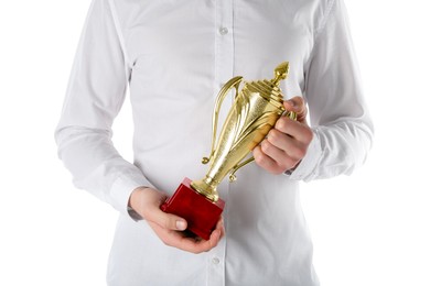 Photo of Man with golden trophy cup on white background, closeup