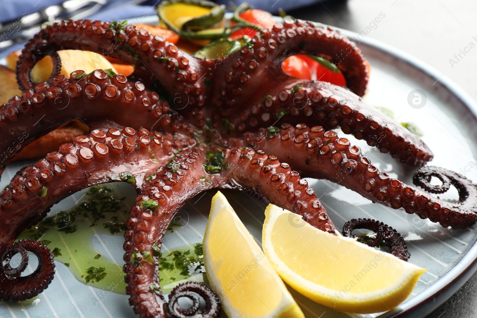 Photo of Fried octopus with herb sauce, lemon and vegetables on table, closeup