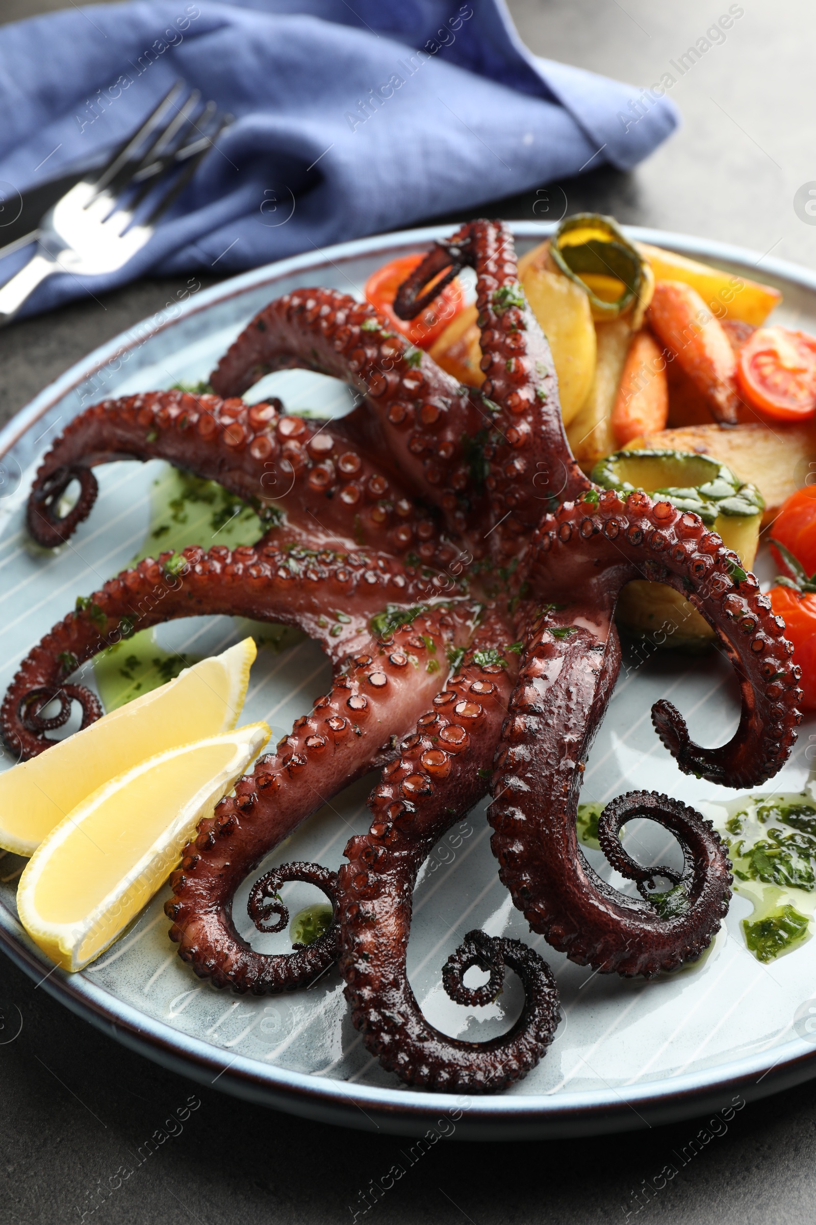 Photo of Fried octopus with herb sauce, lemon and vegetables on grey table, closeup