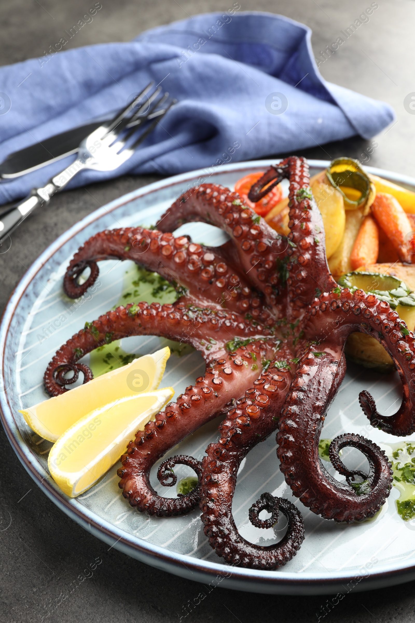 Photo of Fried octopus with herb sauce, lemon and vegetables on grey table, closeup